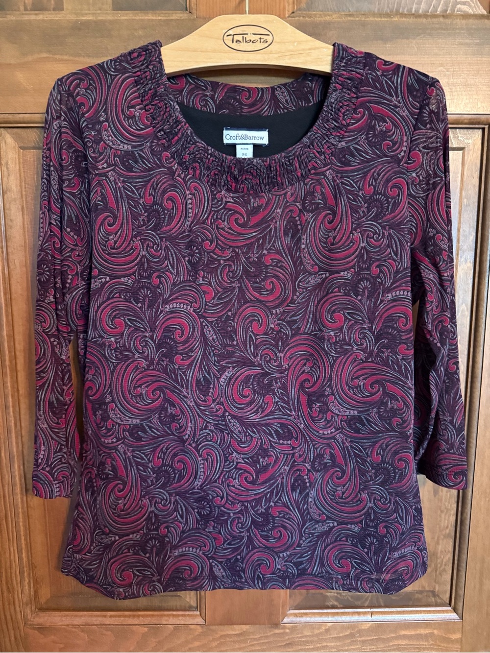 Croft & Barrow Burgundy and Black Paisley Scoop-Neck Top